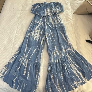 strapless boho style jumpsuit in sky, blue and white